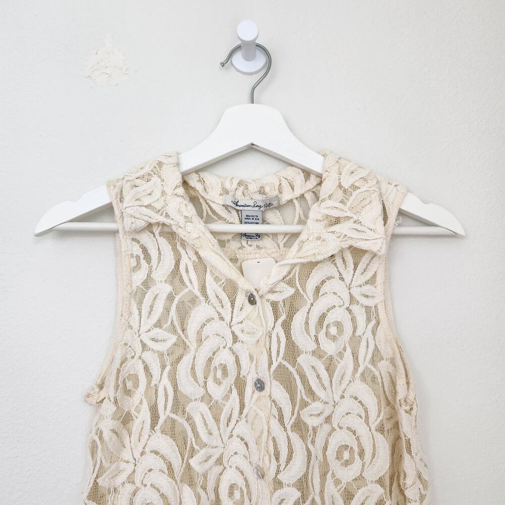 Vintage 90s American Rag Cream Floral Lace Button Down Sleeveless Top S - Picture 2 of 7